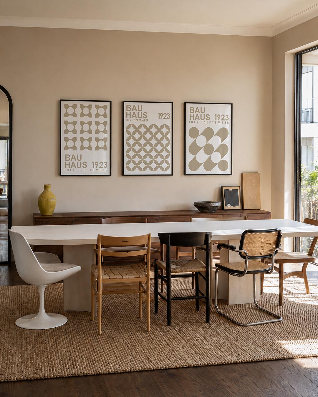 Vorm en herhaling posterset – tweede productweergave – deze posterset in drie delen toont een ritmische herhaling van beige
