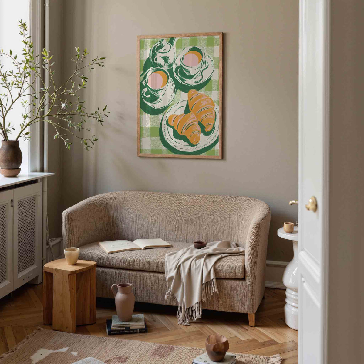 Ontbijt met croissants – botanische poster in staand formaat