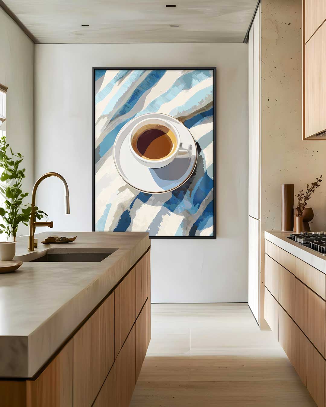 Koffiemoment in Blauwe Strepen – staand kunstwerk voor modern interieur