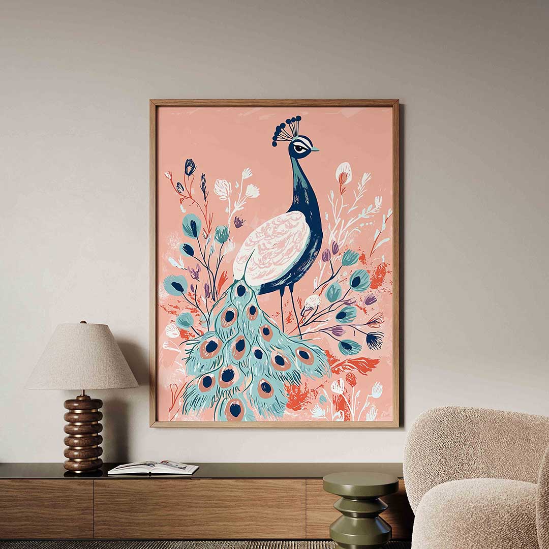 Pauw met bloemen – dieren poster in staand formaat