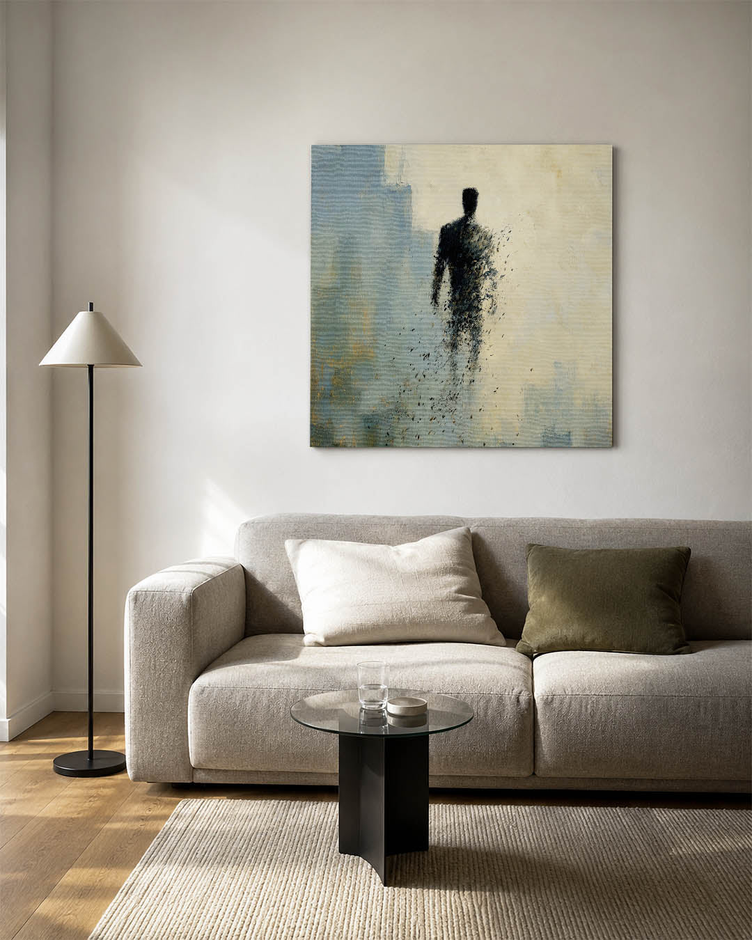 Vervagende silhouet kunstwerk – vierkante wanddecoratie – een silhouet van een persoon vervaagt in een wazige achtergrond. De