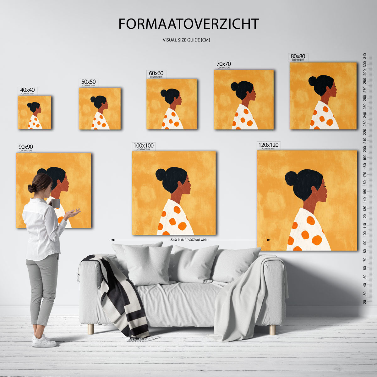 Vrouwelijk profiel met oranje stippen – vierkante muurposter voor een modern interieur