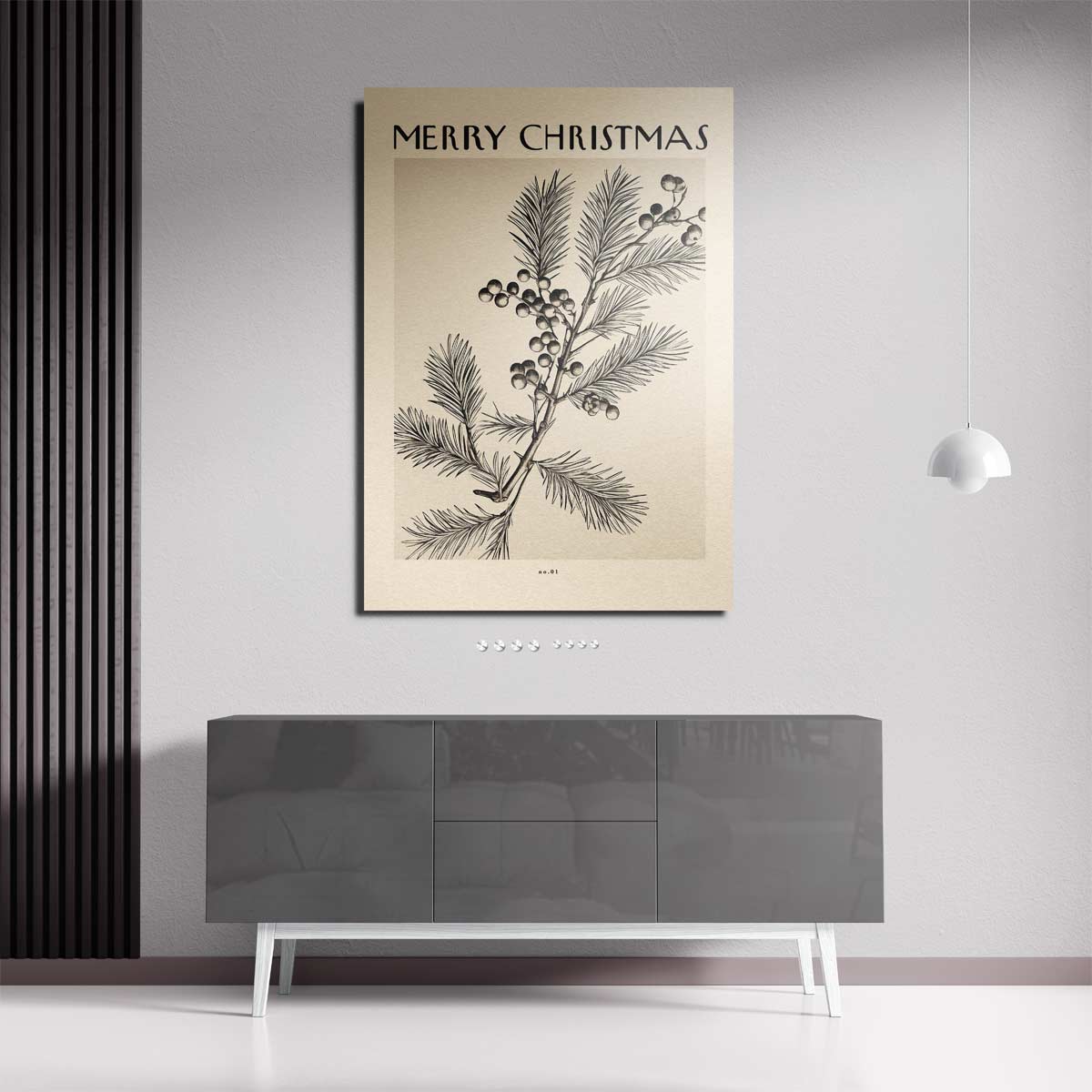 Vintage Kerstkaart met Dennen en Bessen – staande wandkunst voor woonkamer of interieur