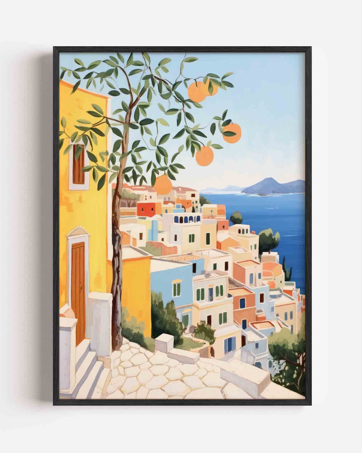Mediterrane huizen en sinaasappelboom – keuken portret poster als wanddecoratie