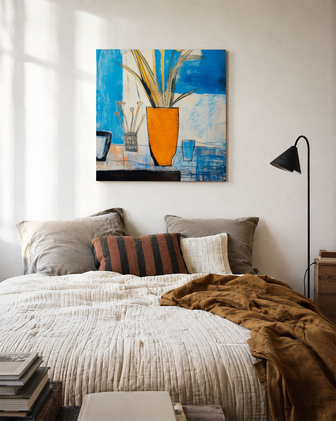 Vaas en bloemen kunstwerk – detailweergave – dit toont een oranje vaas met lange bladeren tegen een blauwe achtergrond. De