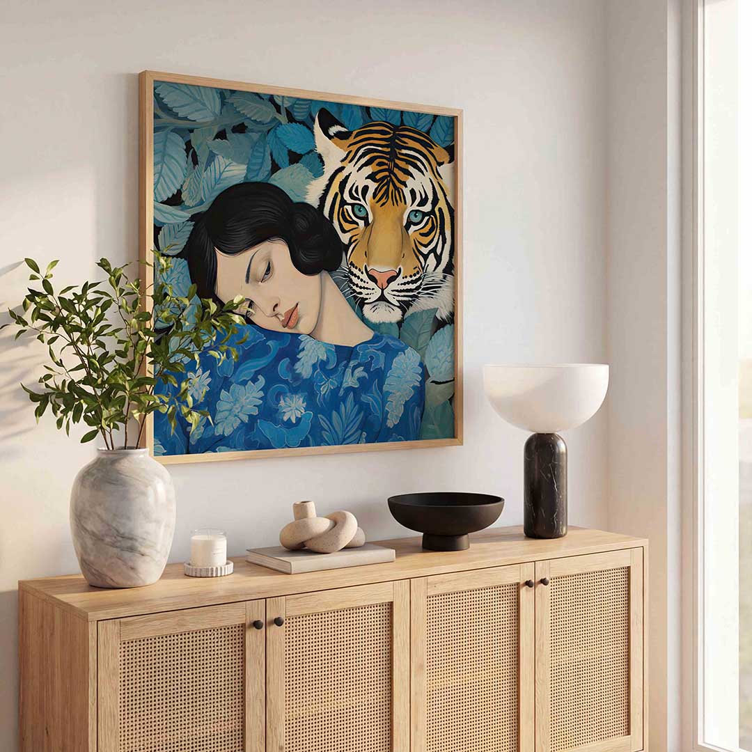 Vrouw met tijger – illustratie poster in vierkant formaat