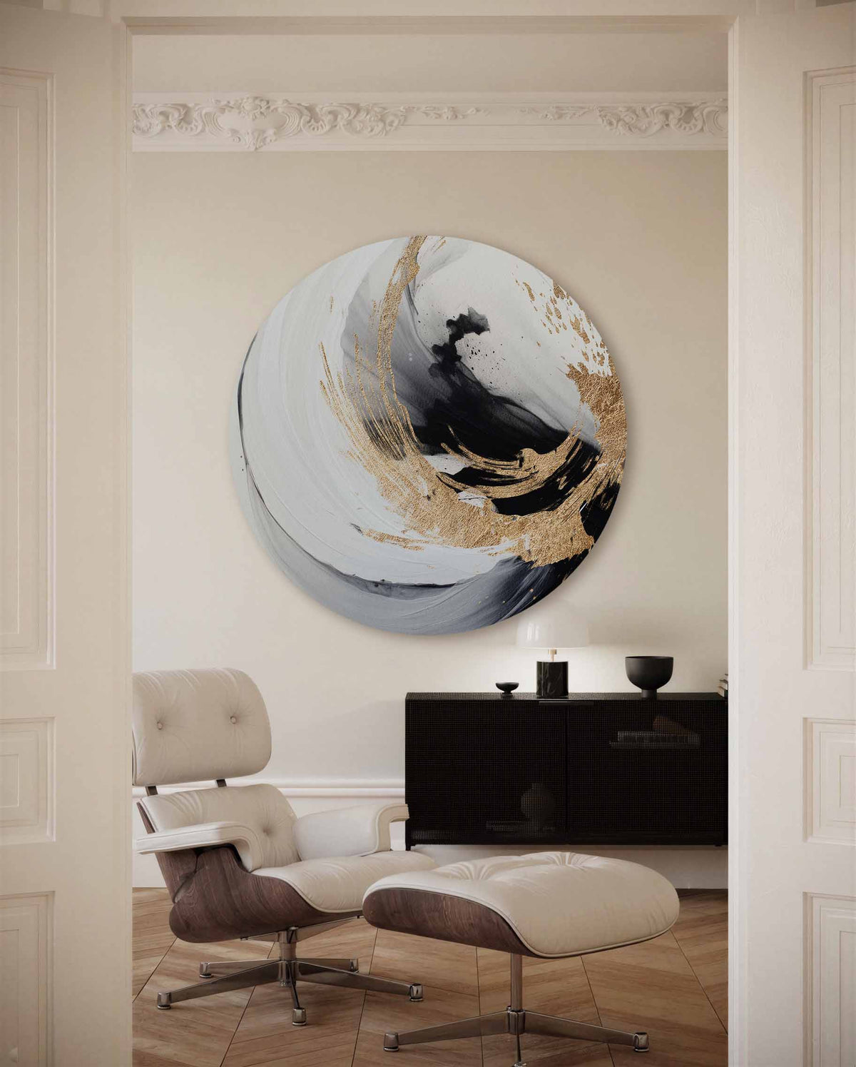 Zwart en goud abstracte – illustratie muurcirkel als ronde muurdecoratie