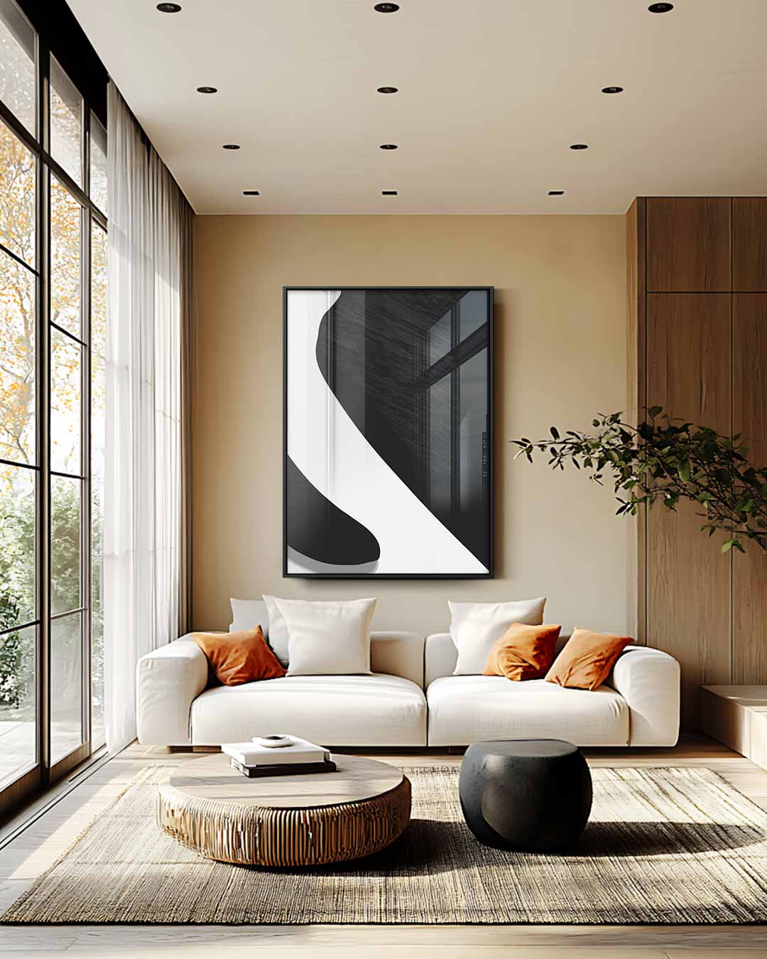 Elegante Abstractie in Zwart & Wit – staande wandkunst voor woonkamer of interieur