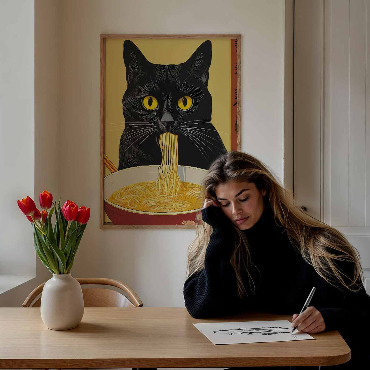 Kat met Noodles – staande dieren wanddecoratie van WallArtistic