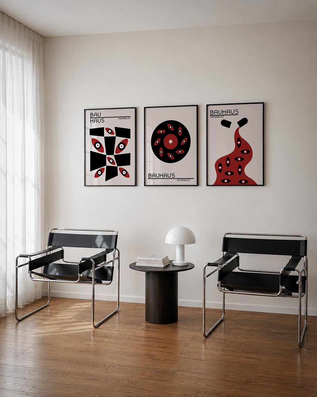Vormen en vlakken driedelige posterset – deze posterset in drie delen toont een speelse combinatie van zwarte en rode vormen