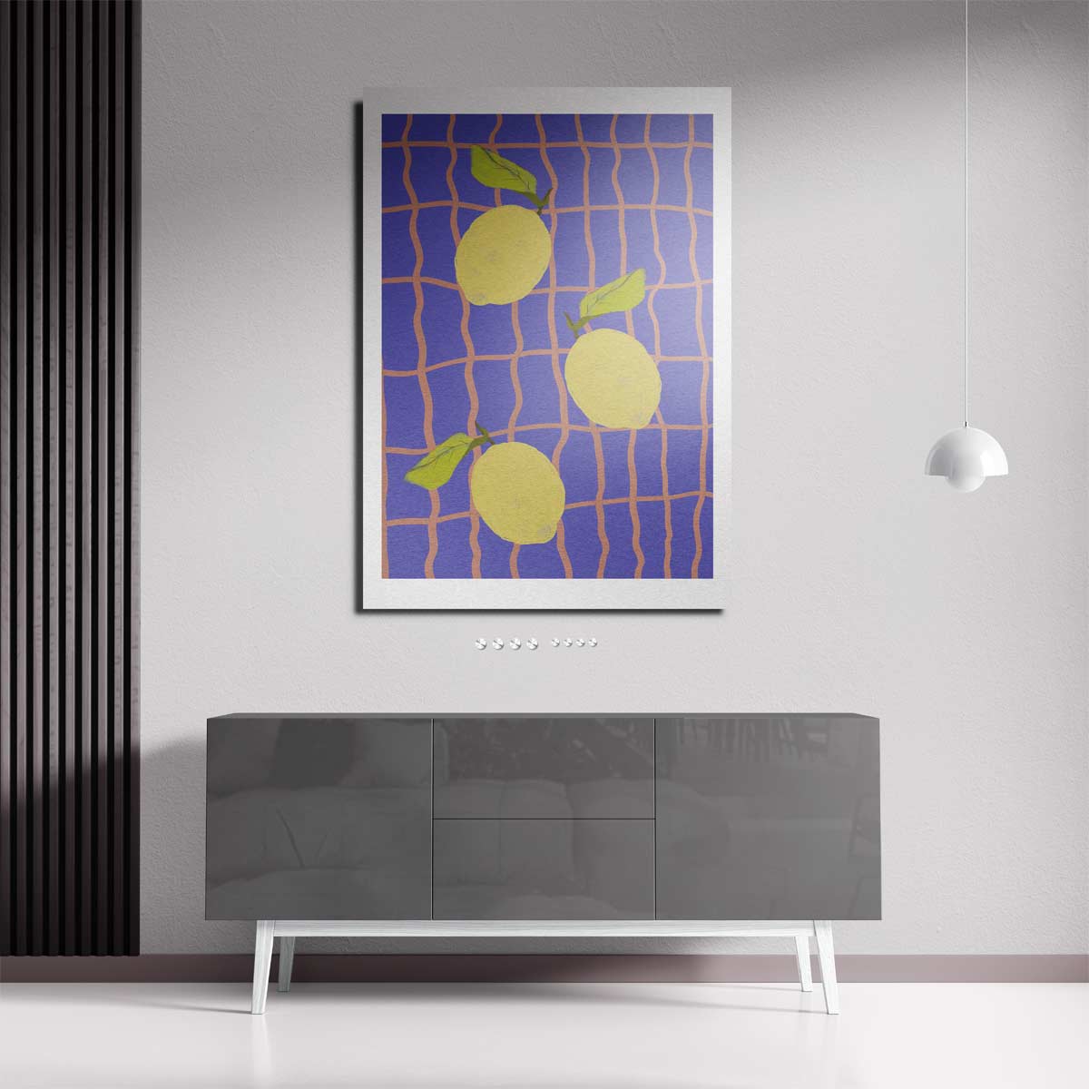 Citroenen op Blauw Ruitpatroon – staande wandkunst voor woonkamer of interieur