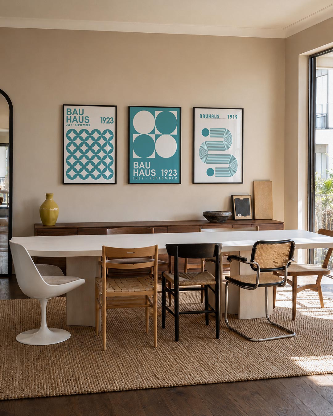 Cirkelpatroon en tekst driedelige posterset – deze posterset in drie delen toont een ritmisch patroon van overlappende