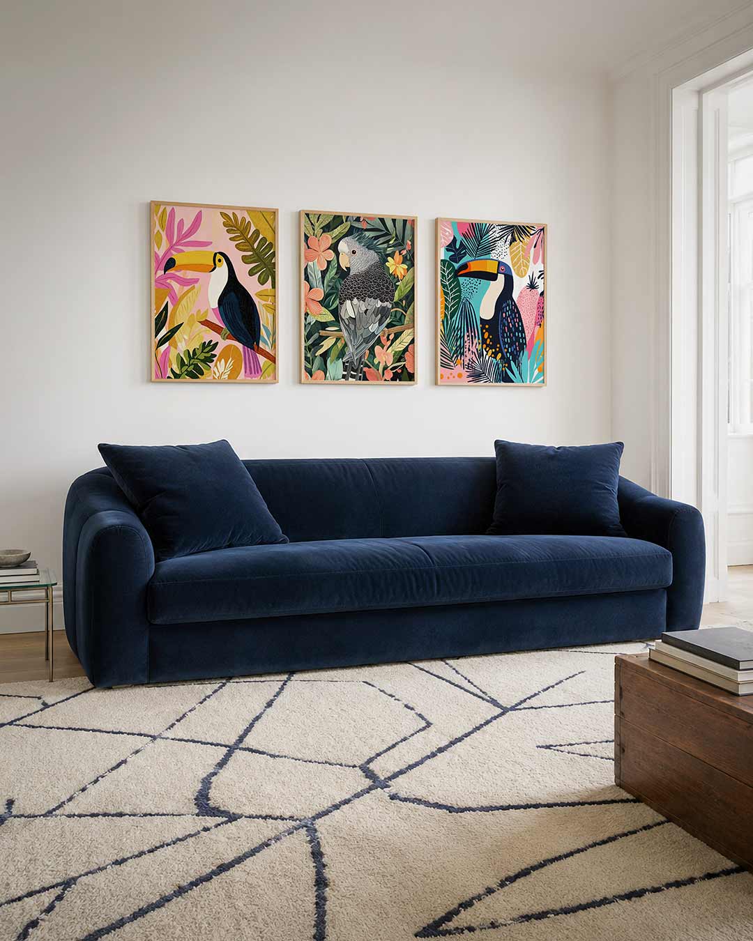 Tropische kleurvlakken driedelige posterset – een speelse compositie met een toekan omringd door