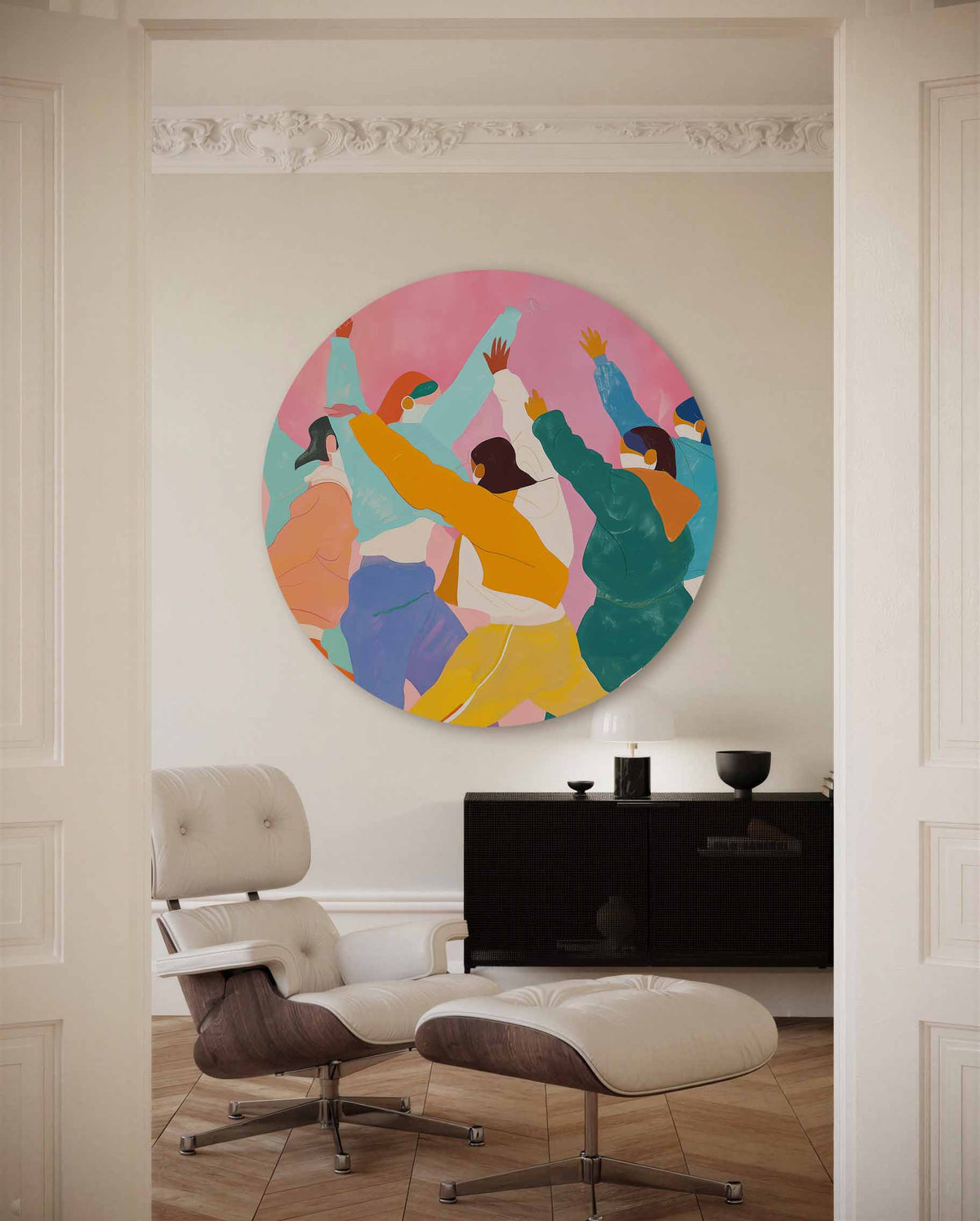 Dansende figuren – muurcirkel met kleur en vormen voor aan de muur