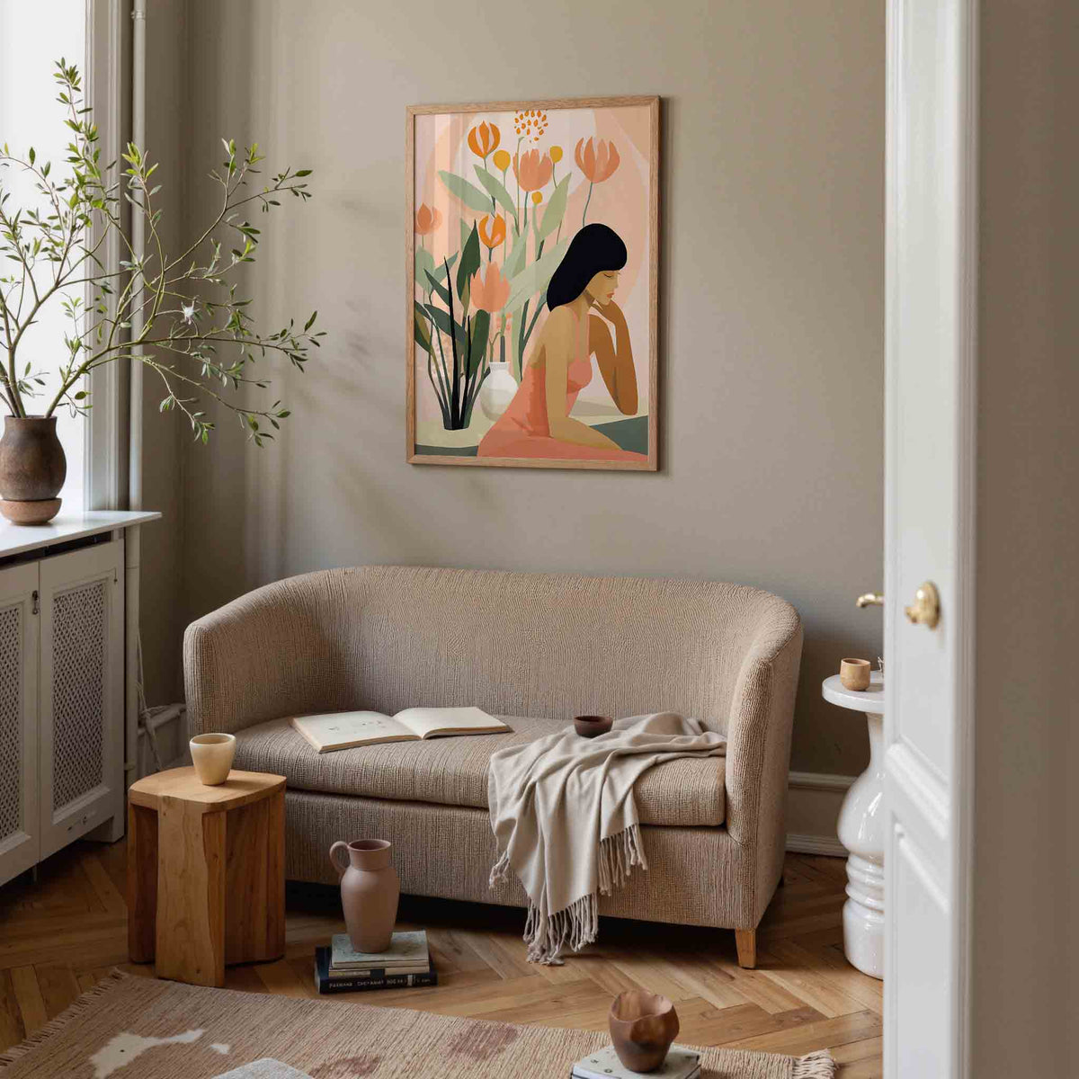 Vrouw met bloemen – botanische poster in staand formaat
