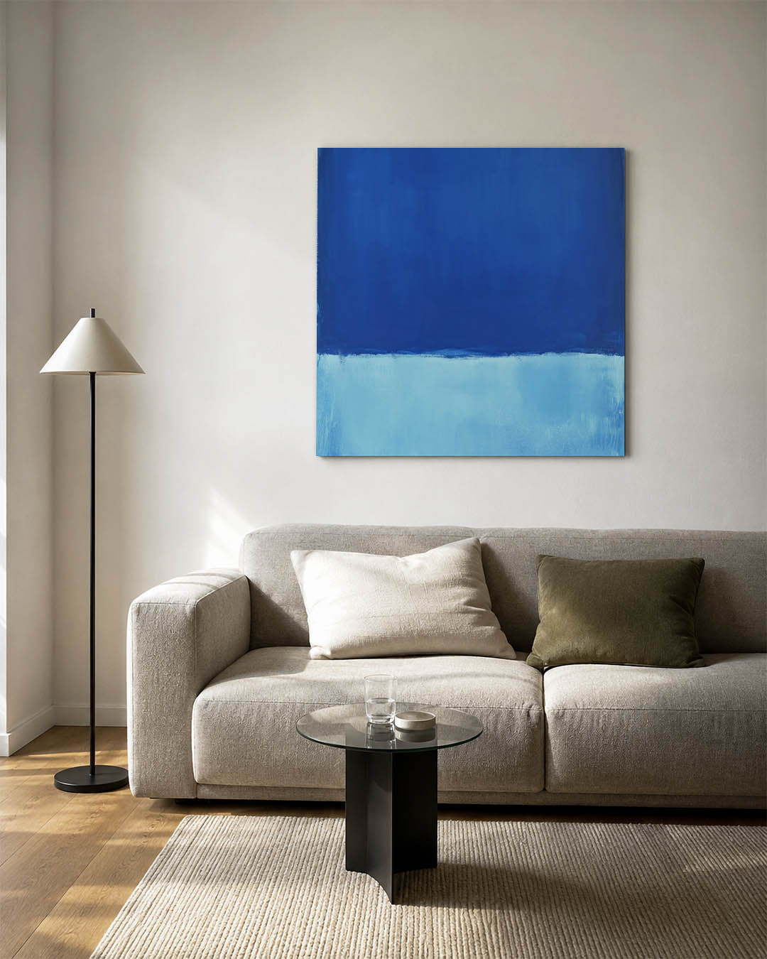 Kleurrijke blauwe vlakte kunstwerk – vierkante wanddecoratie – dit werk toont een diepe blauwe bovenkant met een lichtere