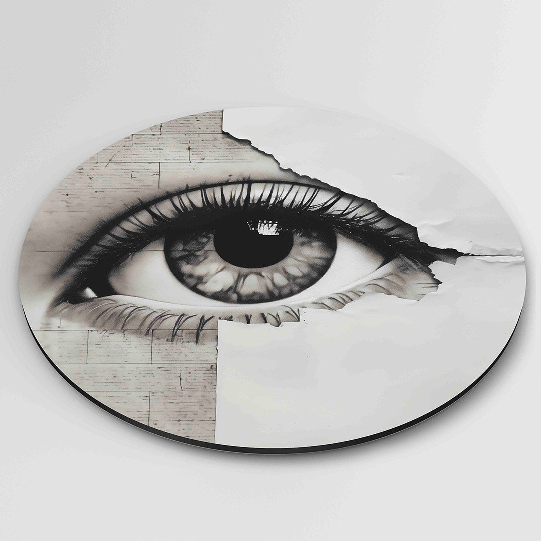 Oog en papier – ronde wanddecoratie met abstract ontwerp