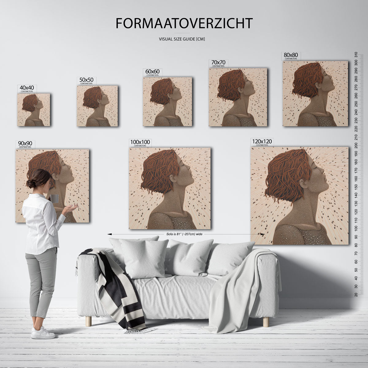 Profiel van vrouw met kort haar – vierkante muurposter met kleurrijke illustratie