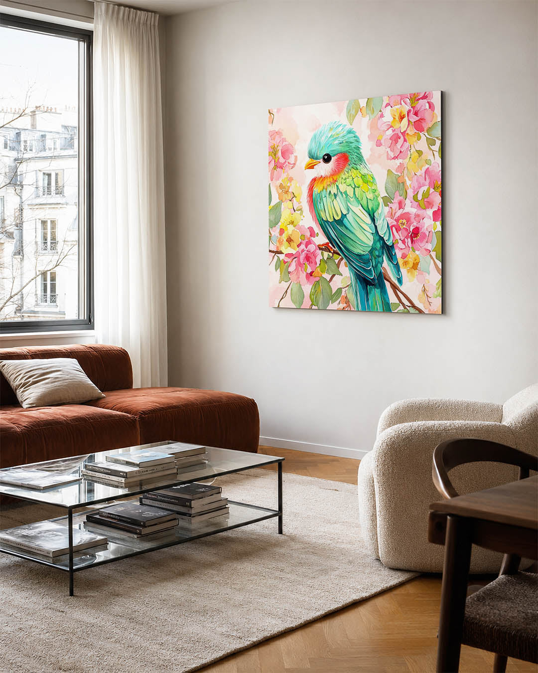 Vrolijke vogel en bloemen kunstwerk – vierkante wanddecoratie – dit werk toont een kleurrijke vogel omringd door levendige