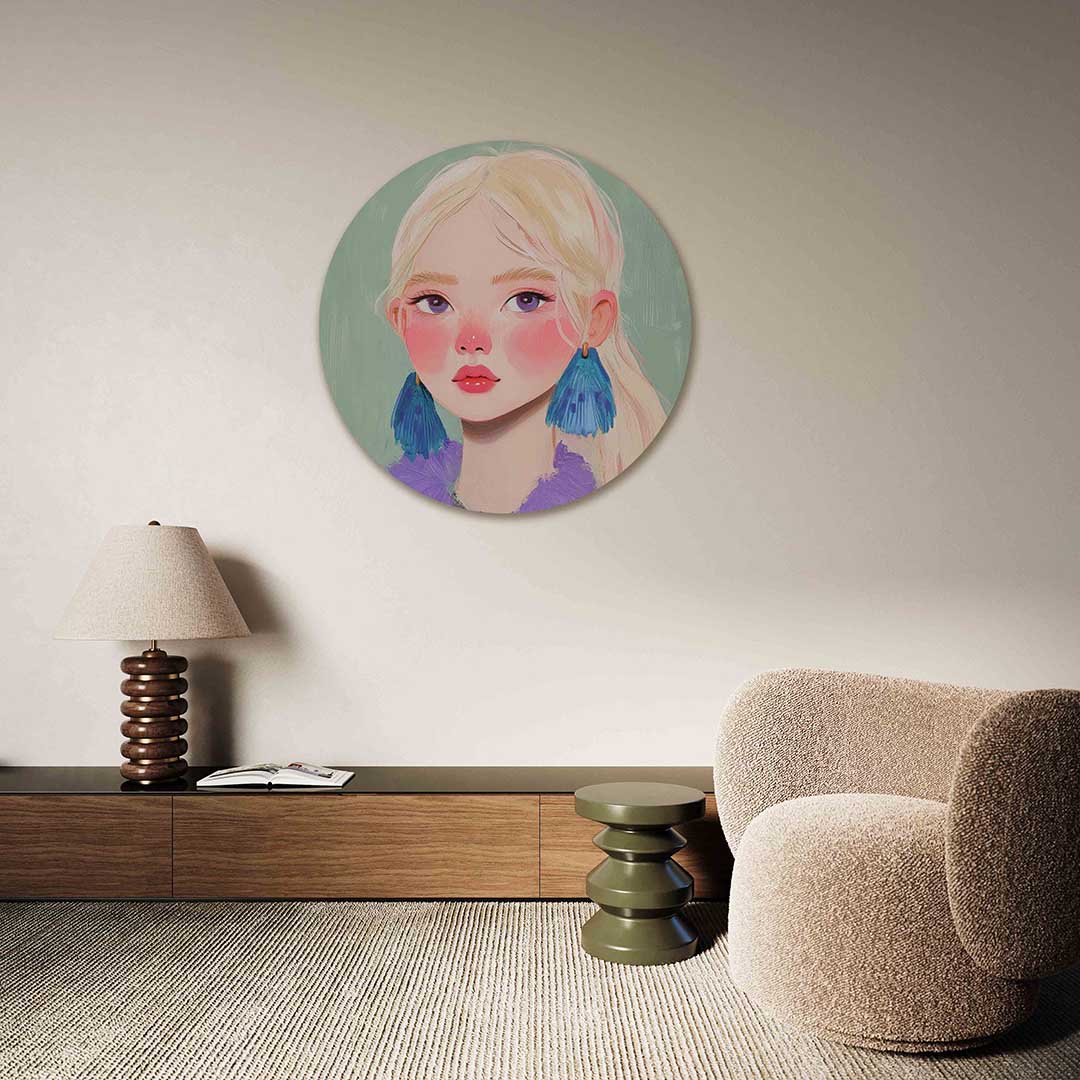 Portret met blauwe oorbellen – abstracte muurcirkel als ronde wanddecoratie