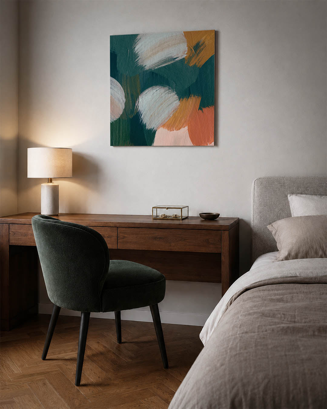 Kleurencompositie kunstwerk – materiaalweergave – dit werk toont een levendige mix van penseelstreken in blauw, oranje en