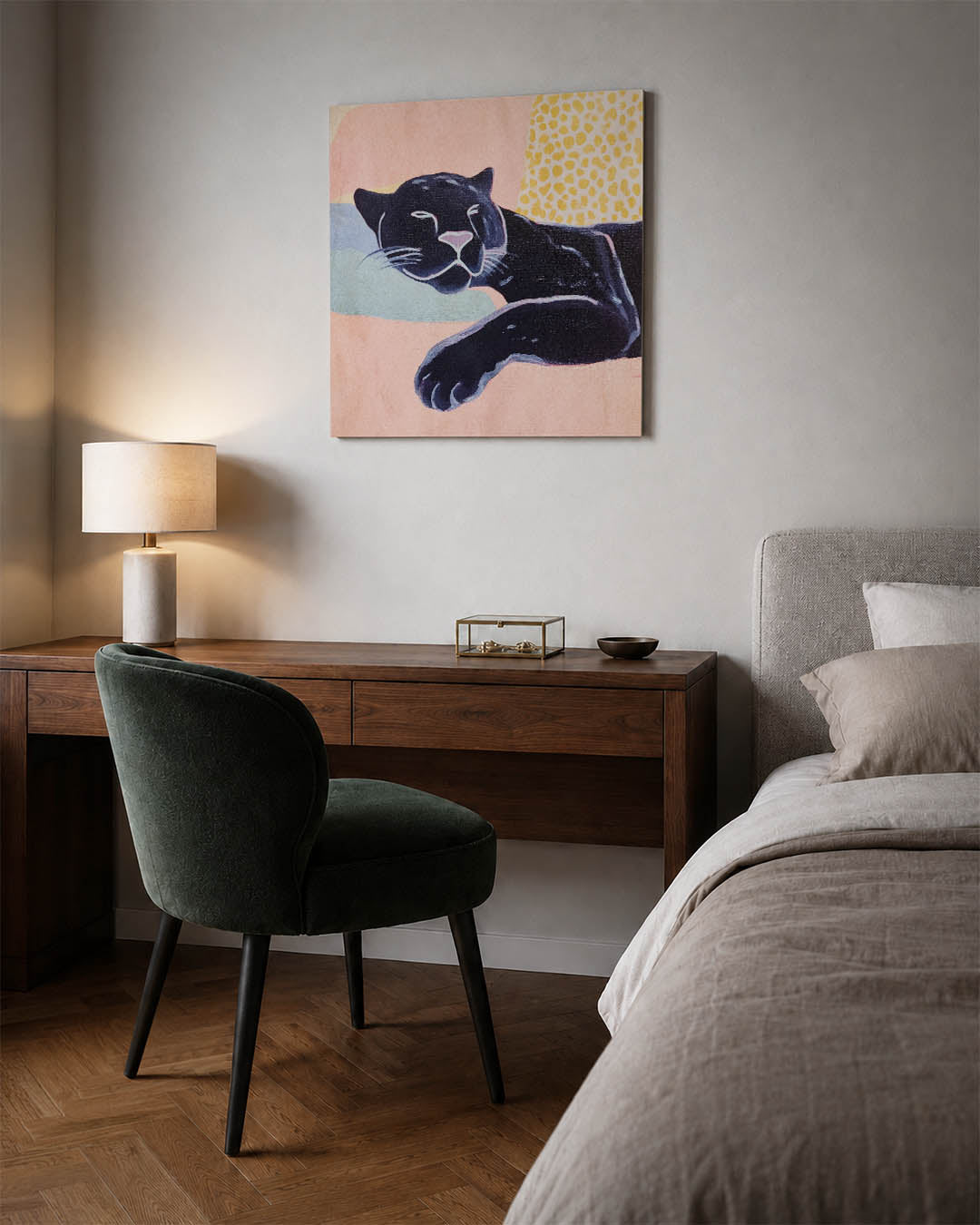 Dromerige panter kunstwerk – materiaalweergave – dit kunstwerk toont een ontspannen panter in een kleurrijke omgeving. De