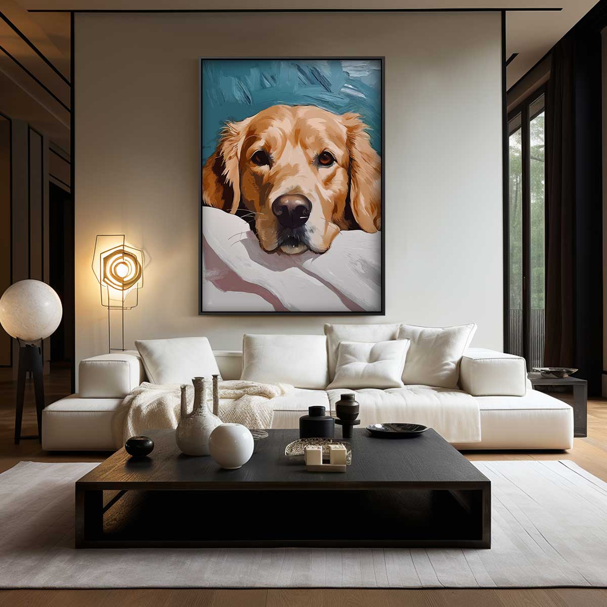 Schattige Hond aan het Chillen – kunstwerk met zwarte baklijst