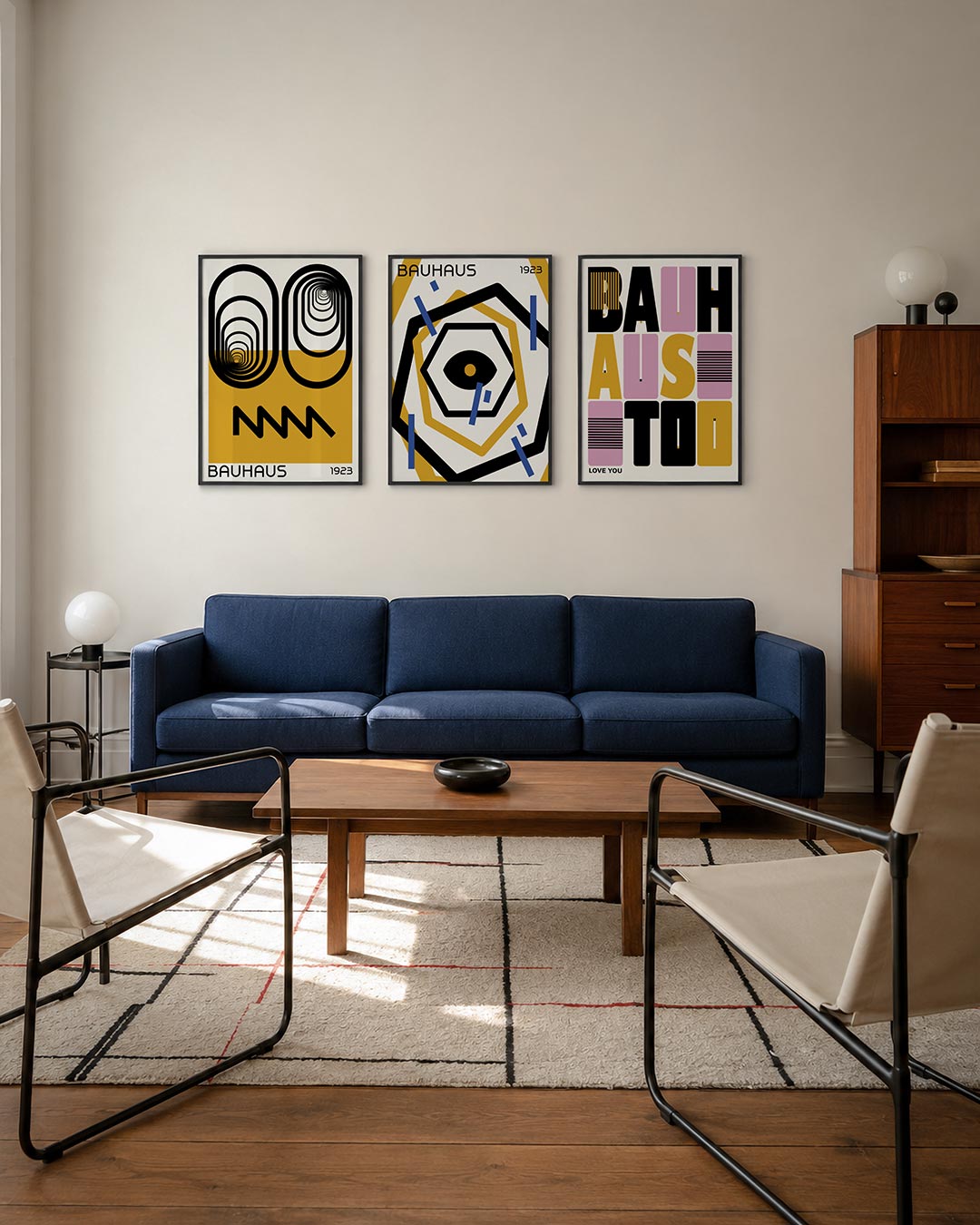 Vorm en diepte driedelige posterset – deze posterset in drie delen toont een spel van zwarte lijnen en gele vlakken. De