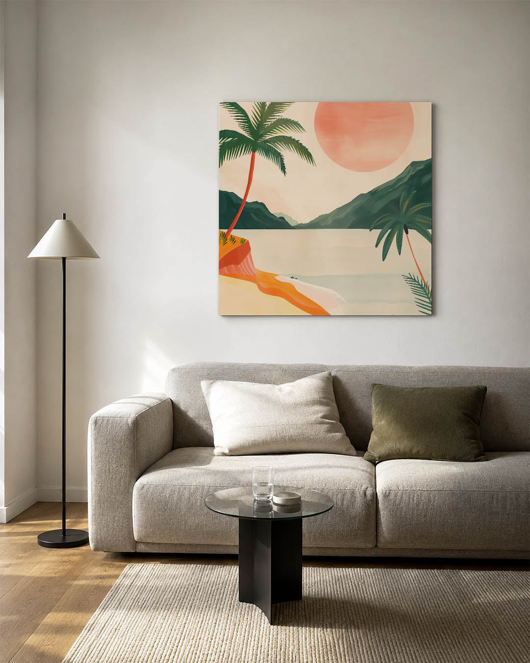 Tropisch landschap kunstwerk – vierkante wanddecoratie – dit werk toont een serene tropische scène met palmbomen, een grote
