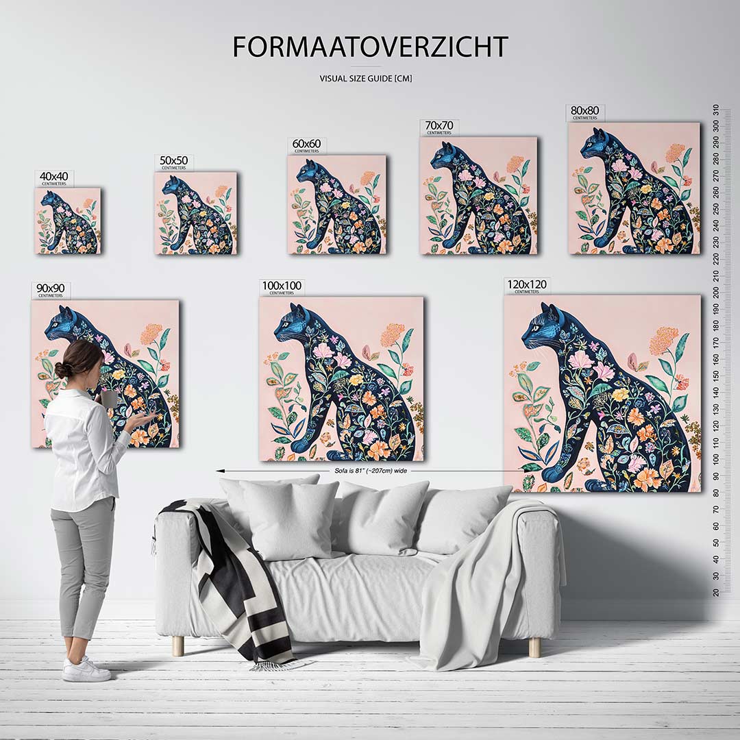 Bloemenkat kunstwerk – dit werk toont een silhouet van een kat gevuld met kleurrijke bloemen en bladeren, tegen een zachte