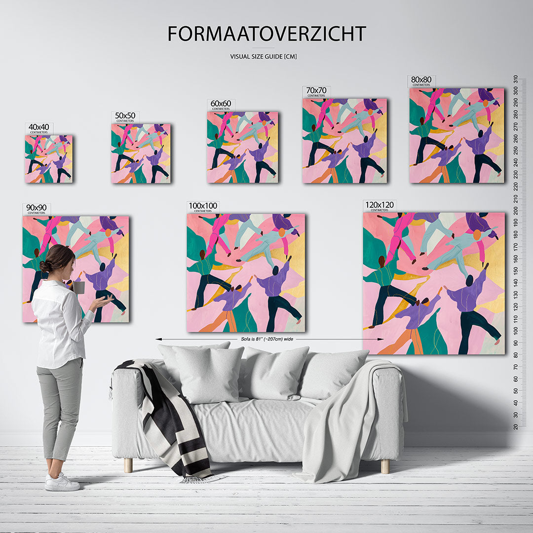 Dansende figuren kunstwerk – materiaalweergave – dit kunstwerk toont levendige figuren in beweging tegen een kleurrijke