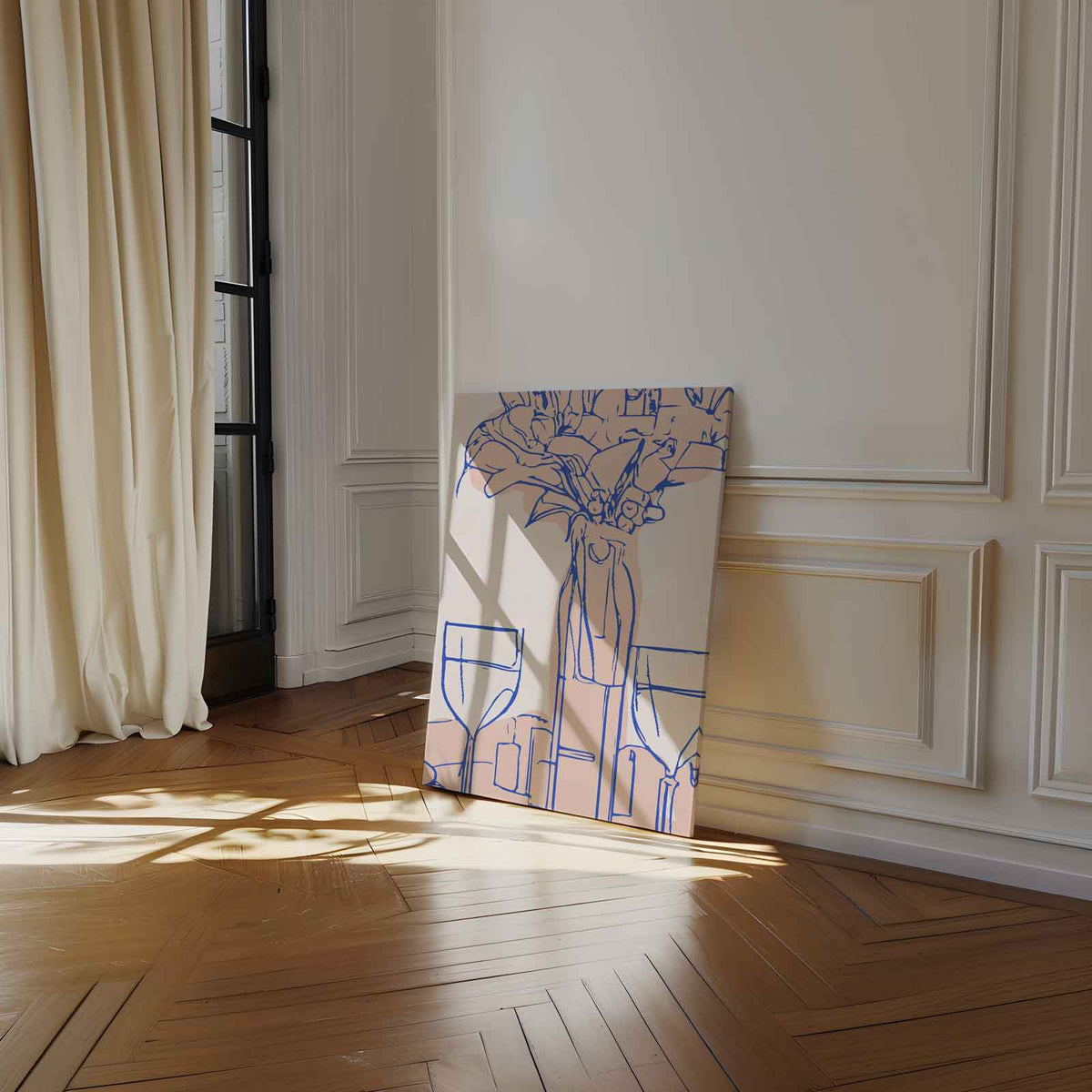 Stilleven met Wijn en Bloemen – staand kunstwerk voor modern interieur