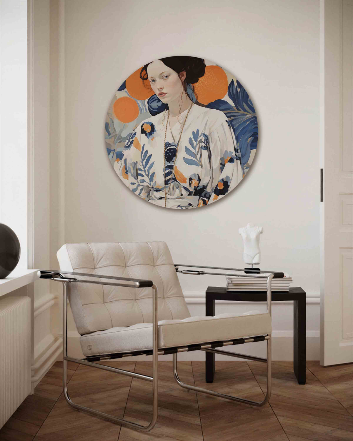 Vrouw met bloemen – kleurrijke muurcirkel als ronde wanddecoratie