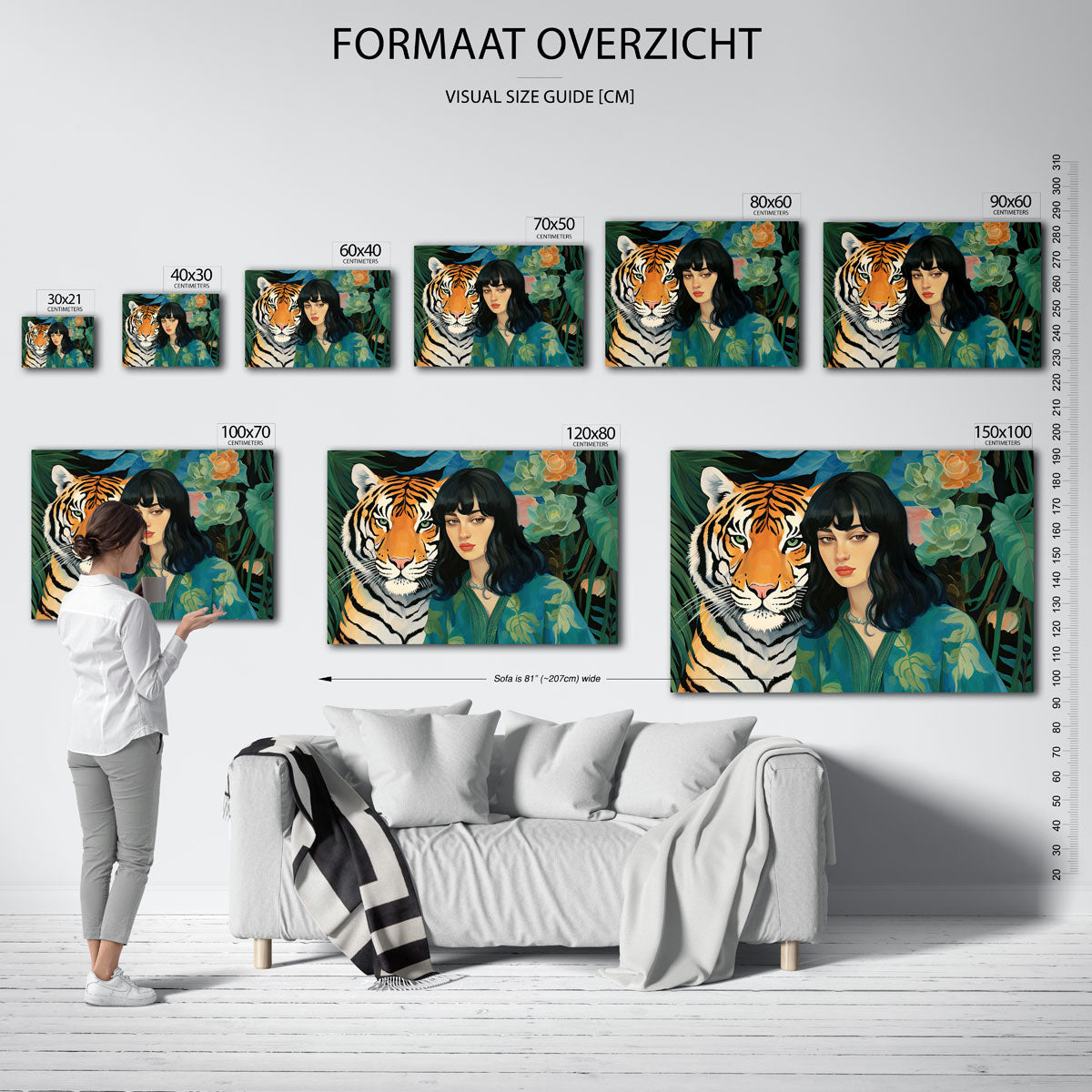 Tijger en vrouw – liggende muurposter met dierenthema