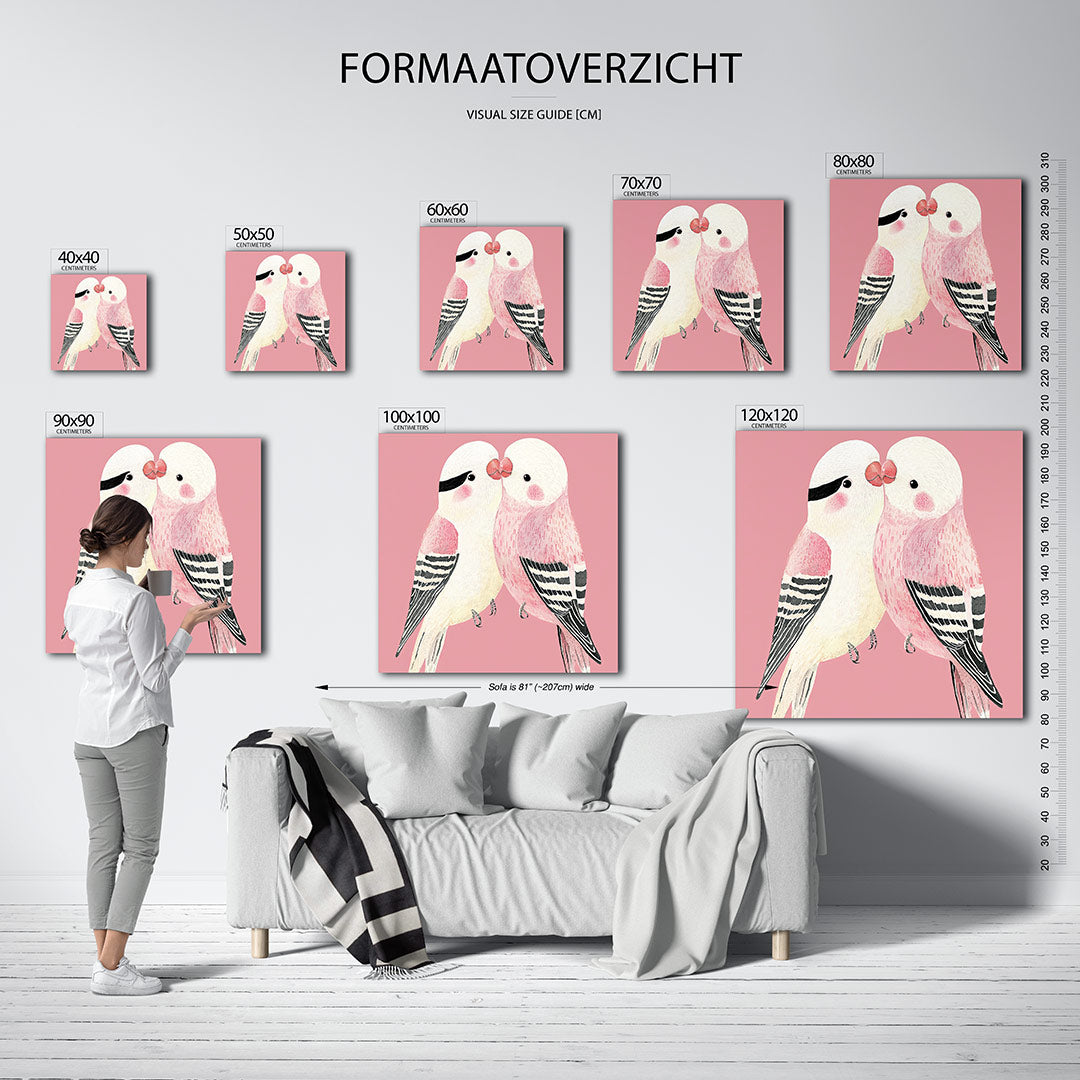 Liefdevolle vogels kunstwerk – twee vogels tegen een roze achtergrond, met zachte lijnen en subtiele details. Hun veren zijn