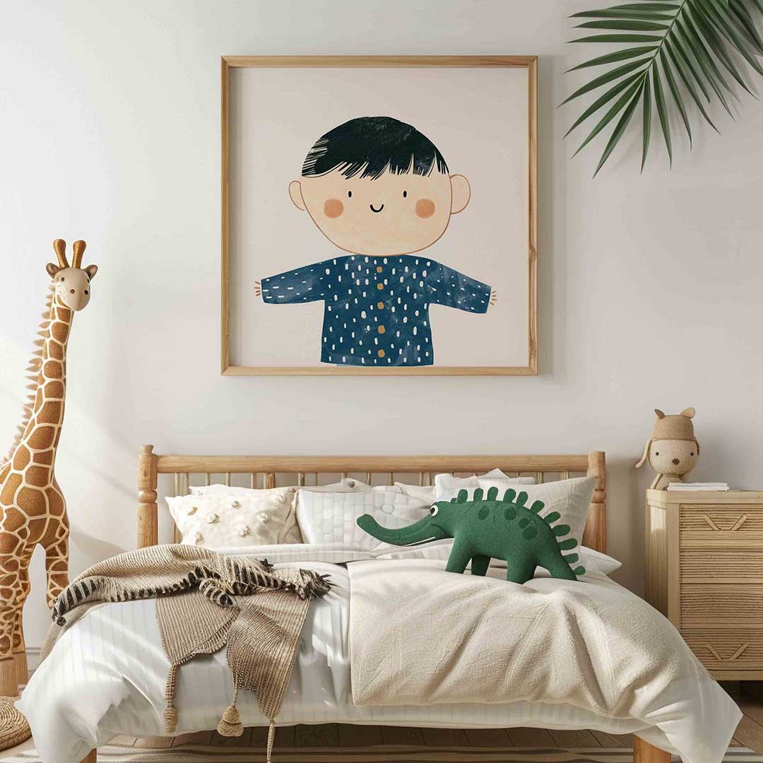 Kind met blauwe trui – vierkante kinderkamer wanddecoratie van WallArtistic