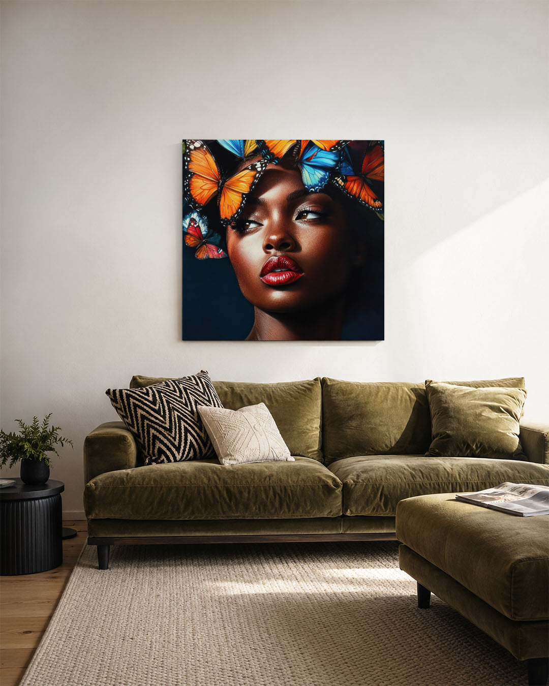 Vlinders en portret kunstwerk – derde productweergave – dit kunstwerk toont een vrouwelijk portret met kleurrijke vlinders.