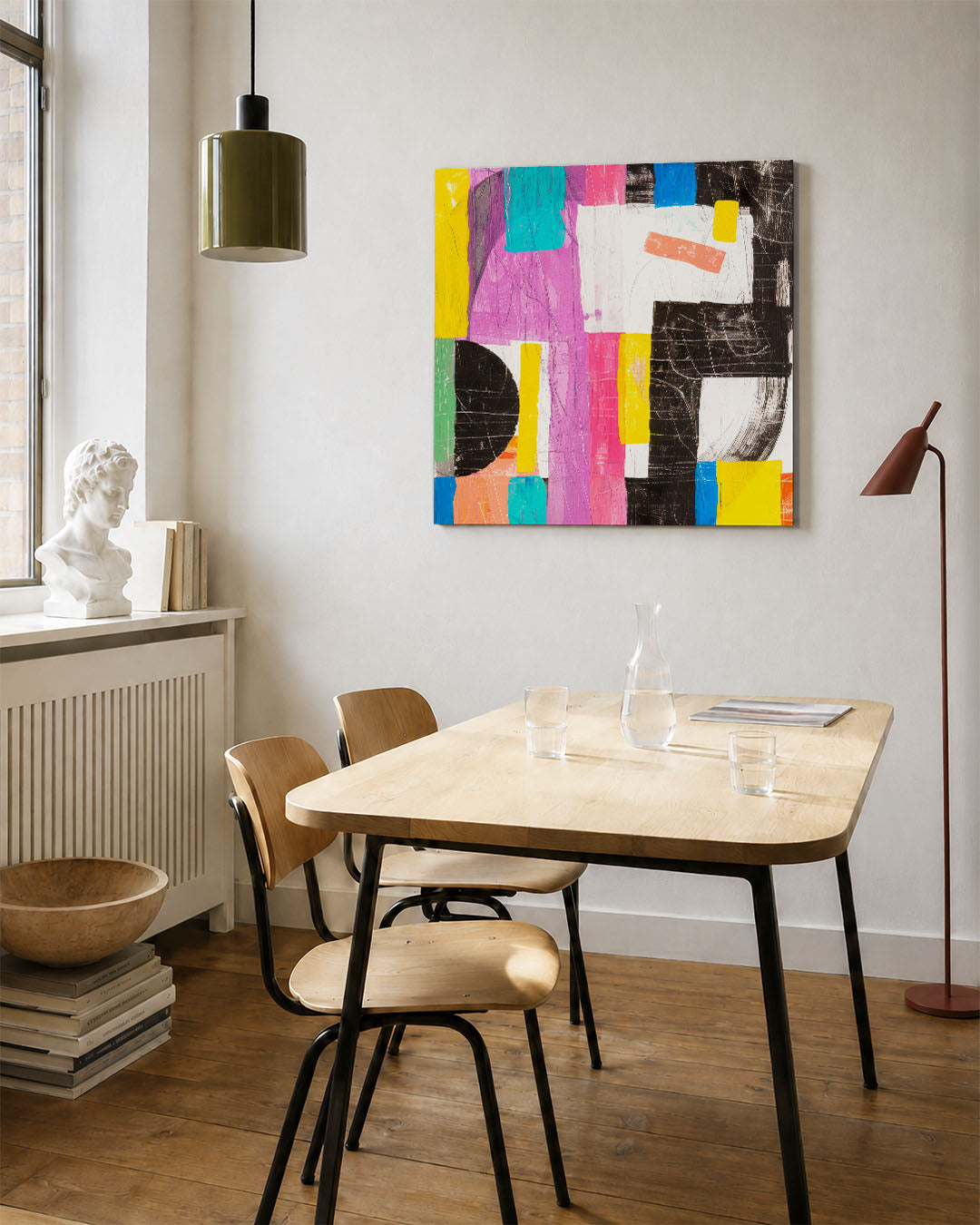 Kleurrijke geometrie kunstwerk – vierkante wanddecoratie – dit kunstwerk toont een dynamische compositie van rechthoeken en