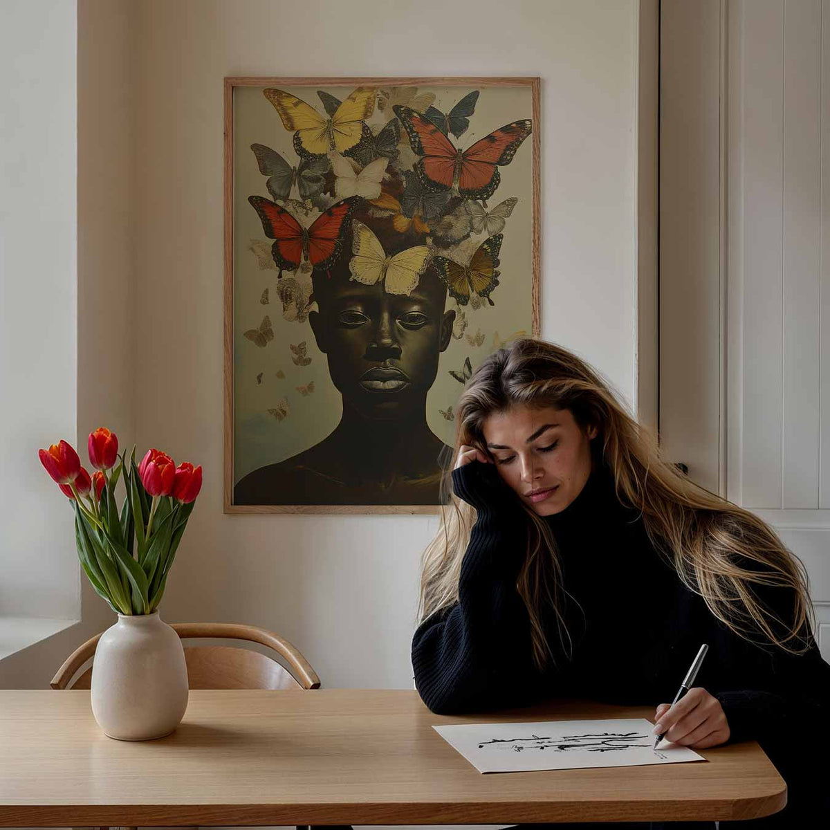 Vlinders in je Haar Kunstposter – Popart poster als moderne urban wanddecoratie
