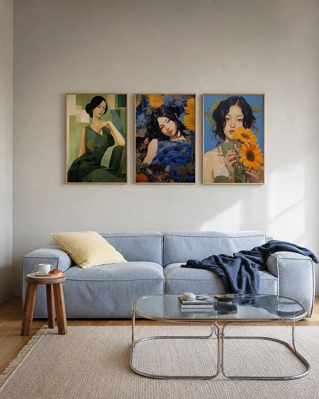 Vorm en balans posterset – tweede productweergave – een vrouw in een groene jurk, omgeven door geometrische