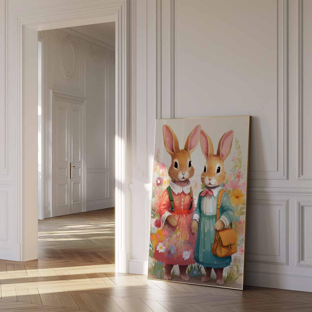 Bloemenfeest Konijnen – dierenposter als moderne staande wanddecoratie
