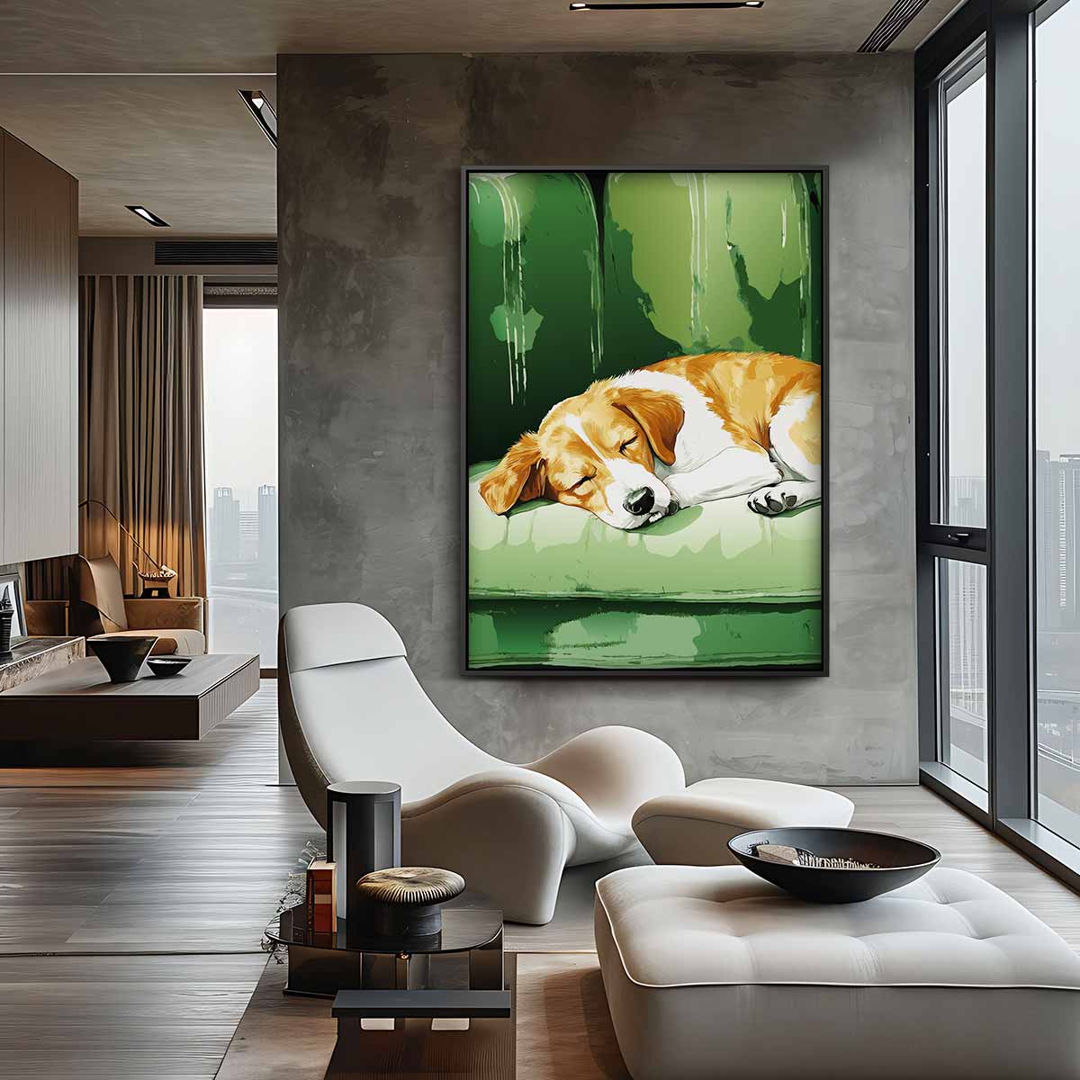 Slapende Beagle op Groene Bank – plexiglas kunstwerk als wanddecoratie