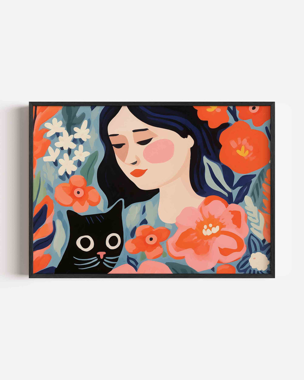 Vrouw met kat en bloemen – keuken landscape poster als wanddecoratie