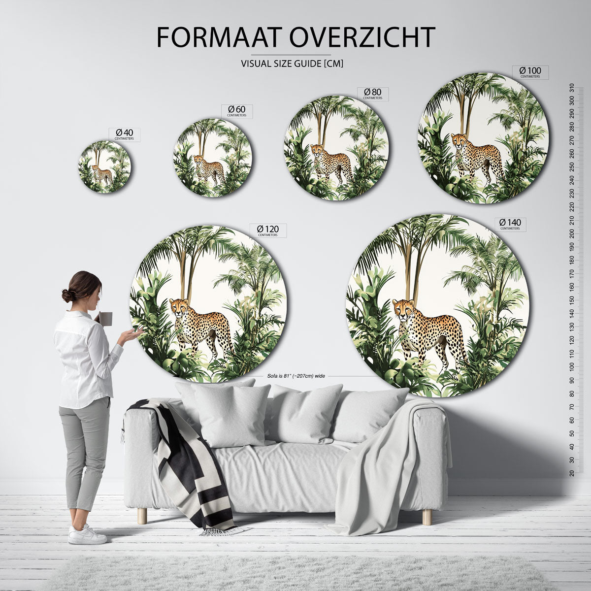 Luipaard en palmbomen – ronde muurcirkel met kleurrijke illustratie