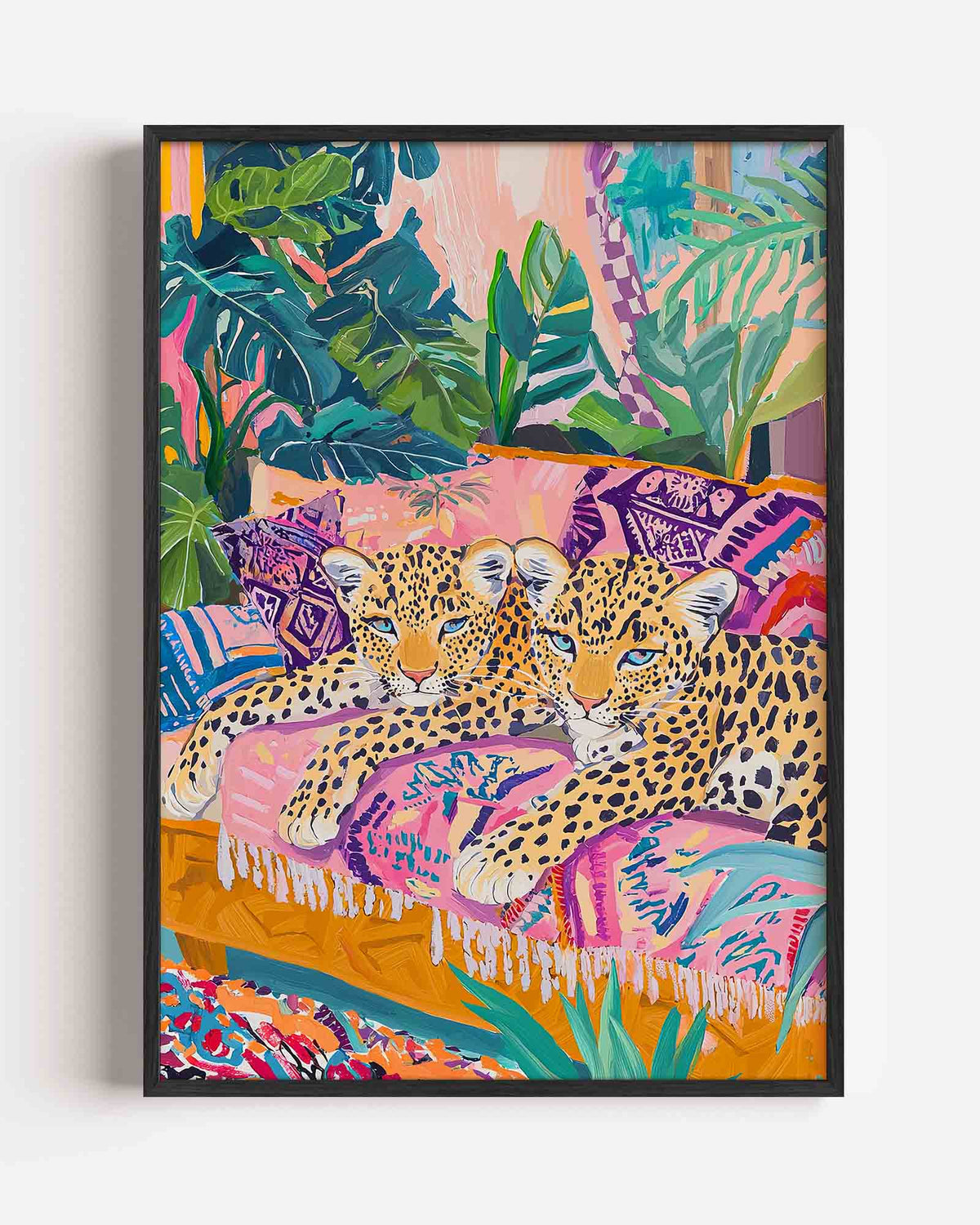 Luipaarden op kleurrijke bank – jungle portret poster als wanddecoratie