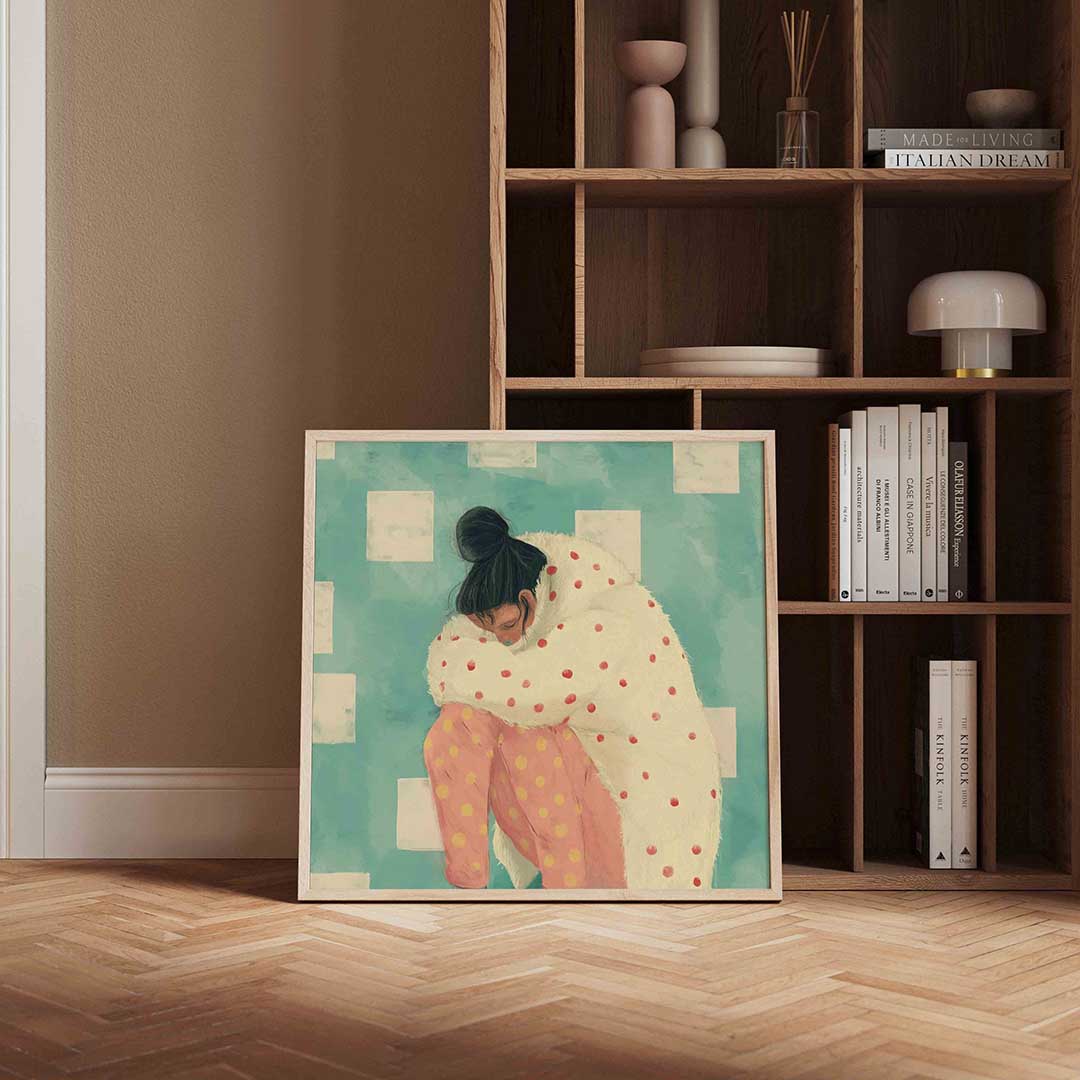 Vrouw in stippenjas – moderne poster in vierkant formaat