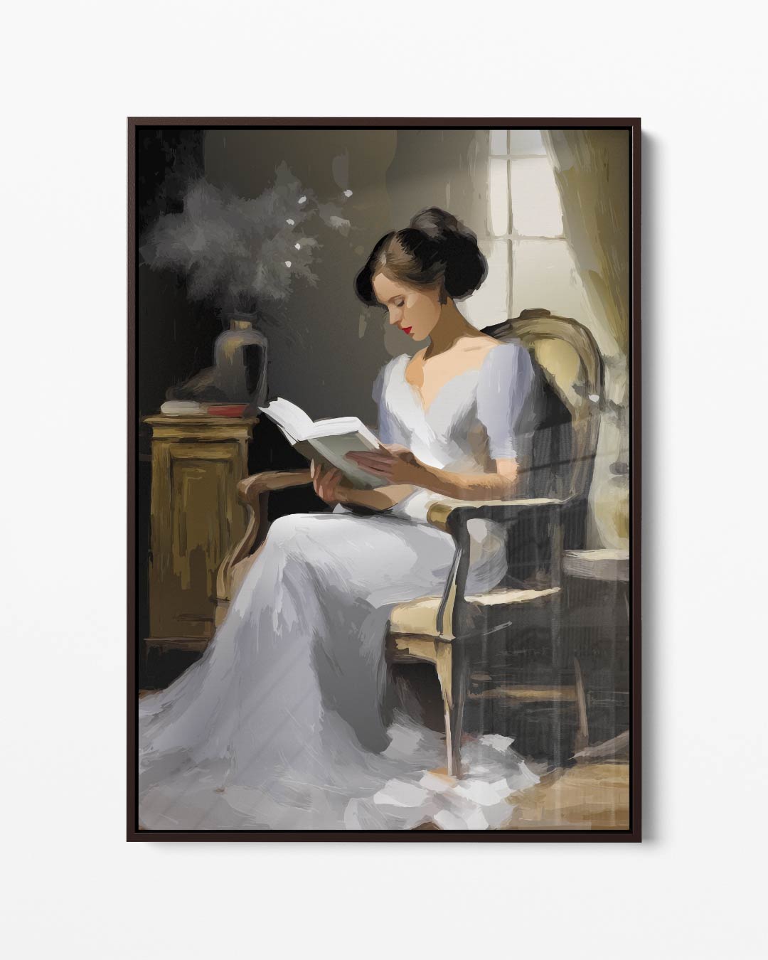Vrouw Leest Boek aan het Raam – portret kunstwerk als wanddecoratie