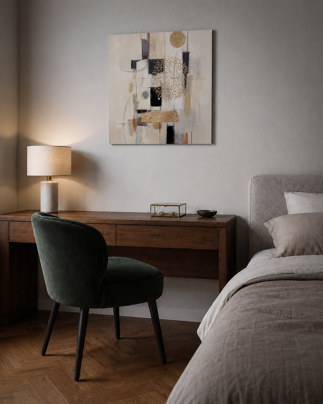 Geometrische compositie kunstwerk – sfeerbeeld – dit werk toont een dynamische mix van geometrische vormen en lijnen, met een
