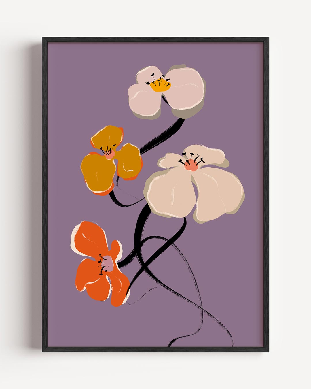 Bloemenpracht op Paarse Achtergrond – bloemen portret poster als wanddecoratie