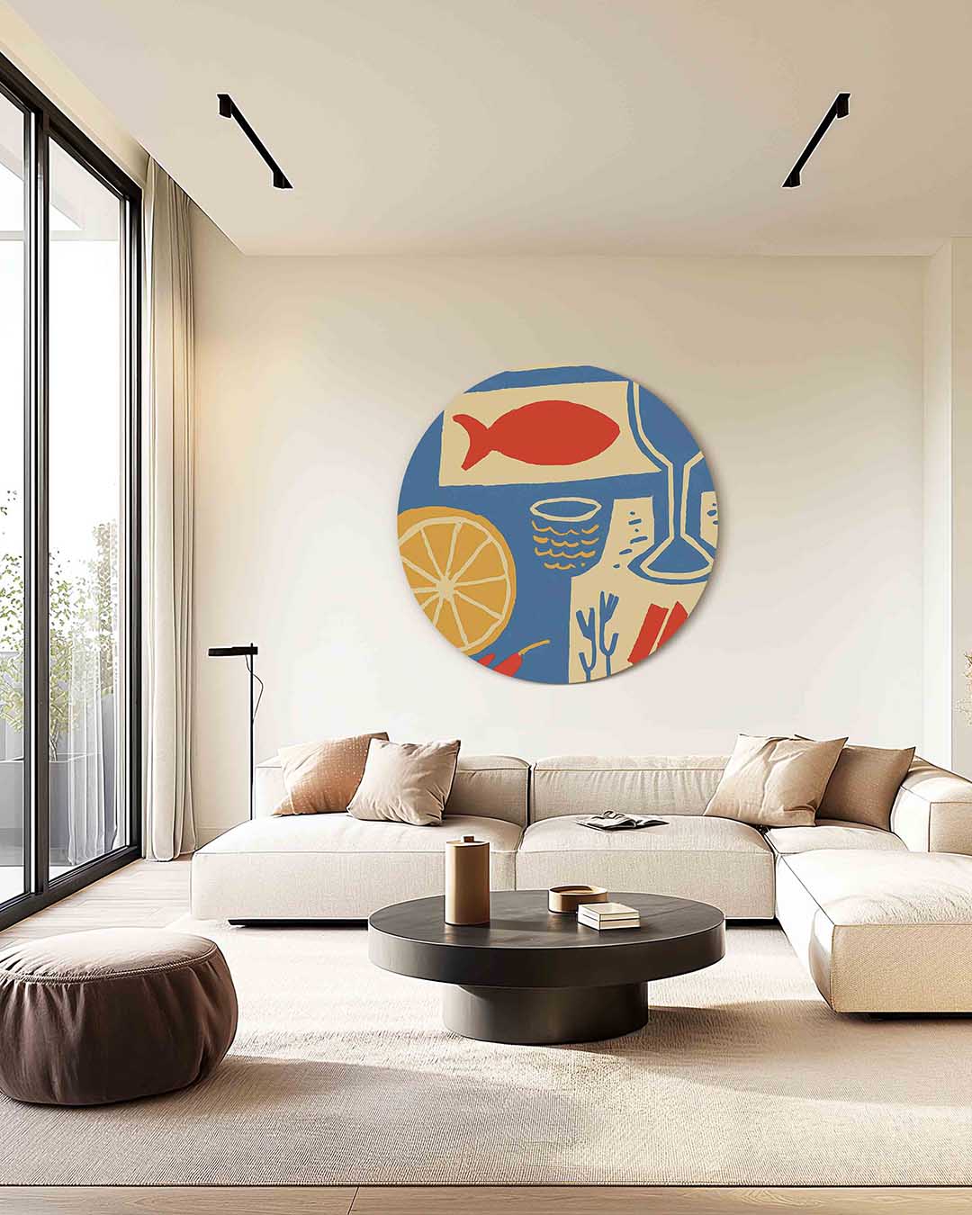 Citrus en vis – kleurrijke muurcirkel als ronde wanddecoratie